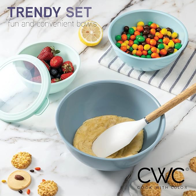 COOK WITH COLOR Mixing Bowls with TPR Lids - 12 Piece Plastic Nesting Bowls Set includes 6 Prep Bowls and 6 Lids, Microwave Safe (Blue) - Image 6