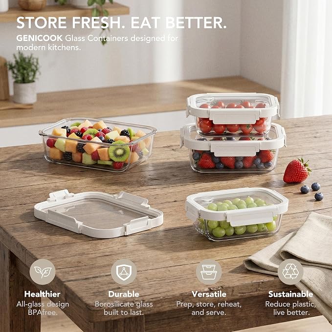 4 Pack Glass Produce Storage Containers for Fridge with Glass Lids | 82oz Borosilicate Produce & Meal Prep Containers, Airtight Leakproof BPA Free Fridge Organizer, Microwave Dishwasher Safe - Image 7