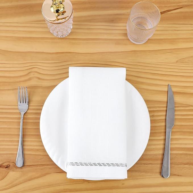 Majestic Giftware Polyester Napkins - NPK2-SL | Set of 12 (20" x 20") White Silver Trim Design Dinner Napkins Cloth | Linen Look Washable Cloth Napkins Set for Weddings, Banquets, or Restaurants by MajesticGiftware