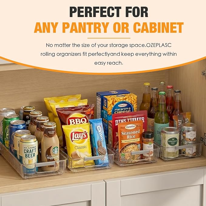 2 Pack Profile Fridge Organizer Bins with Wheels, 2.3'' Low Clear PET Roll Out Refrigerator Trays with 4 Dividers for Soda Cans, Drinks, Snacks and Pantry - Image 6