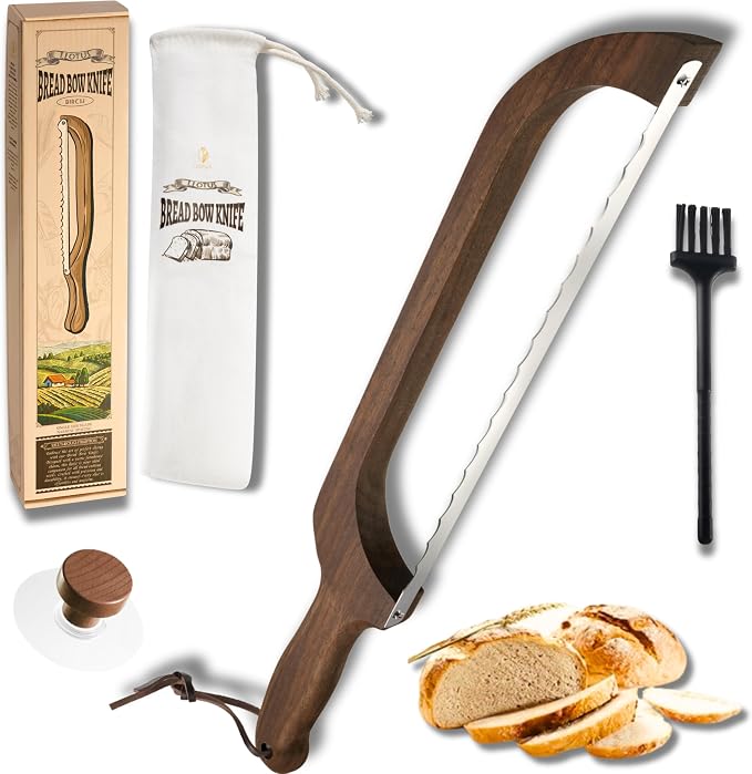 Bread Knife Package Slicer for Sourdough Bread, 16.5" Premium Wooden Bow Design, Premium Stainless Steel Serrated Saw, Cutter for cutting Loaf, Sandwich, Bagels, Homemade Bread & more - Black Walnut by Unknown