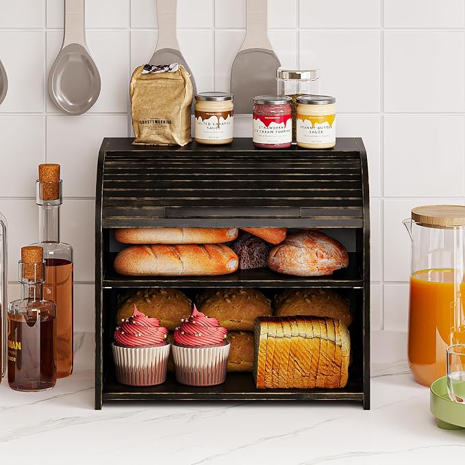 Trironsun Bamboo Roll Top Bread Box for Kitchen Countertop Large Capacity Bread Storage Bin 2 Layer Wooden Bread Storage Organizer Natural Breadbox for Food Storage (Antique Black) - Image 2