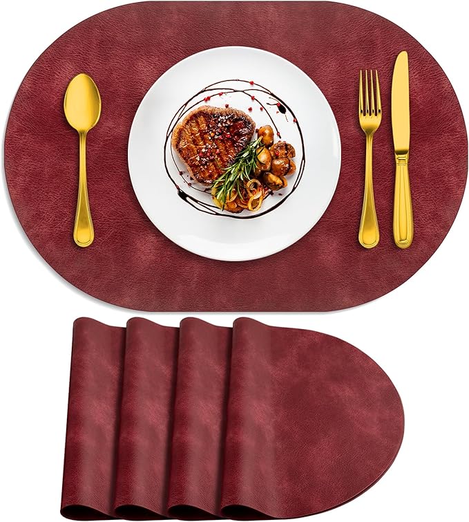 ADRIMER Placemats, Heat Resistant Oval Placemats Set of 4 Washable 12 x 17 Inch, Waterproof Table Mats, Wipeable Pu Place Mats for Kitchen, Dining Room, Wine Red by Adrimersdreamistobeanindispensablecompanioninyourlife