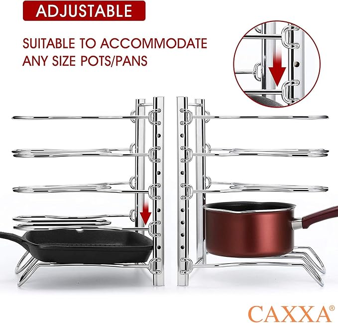 Heavy Duty Pan Rack, Pot Lid Rack, Kitchen Cabinet Pantry Cookware Organizer Rack Holder with 5 Adjustable Dividers, Chrome (Pack of 2) - Image 4