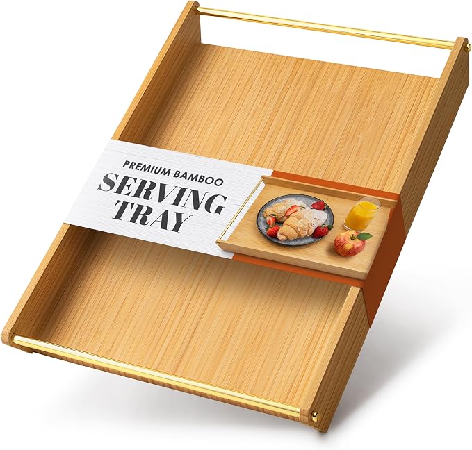Bamboo Serving Tray with Gold Stainless Steel Handles, 16.5" x 11.2" Premium Decorative Ottoman Tray, Coffee Table Tray, Bed Tray for Breakfast in Bed, Living Room Decor - Image 8