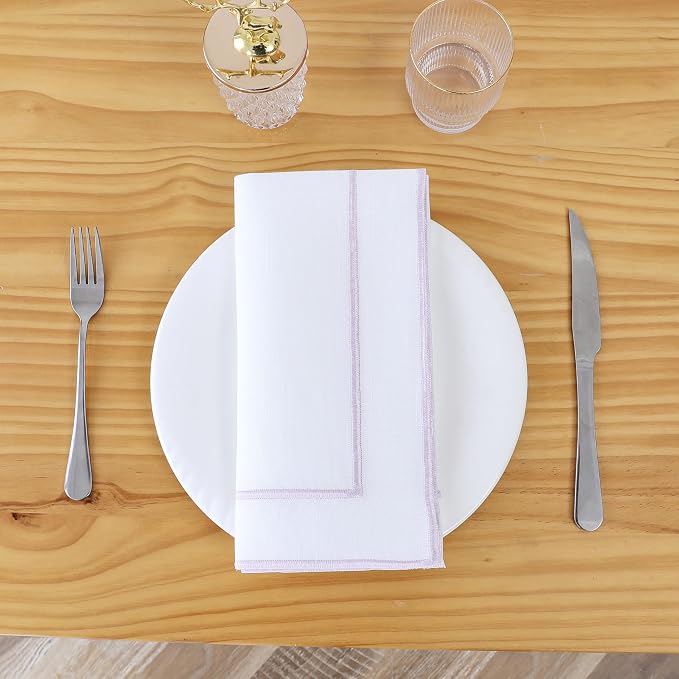 Majestic Giftware Set of 12 Polyester Napkins (NPK-LA) | White Lavendar Trim Design Dinner Napkins Cloth | Linen Look Washable Cloth Napkins Set for Weddings, Banquets, or Restaurants (20" x 20") by MajesticGiftware