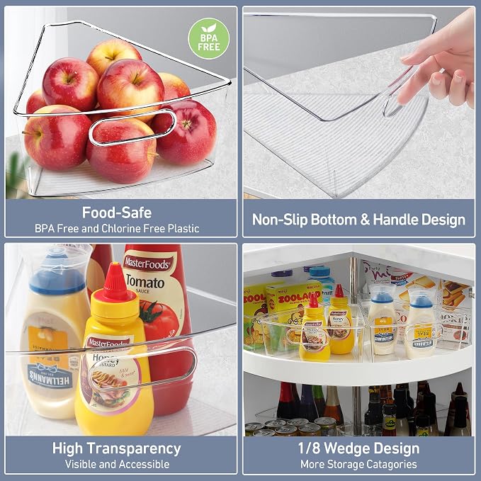 Leeden Lazy Susan Organizer for 32" Diameter Corner Lazy Susan, Plastic Kitchen Cabinet Storage Bins with Handle, 8 Packs, 1/8 Wedge - Food Safe, BPA Free - Image 5