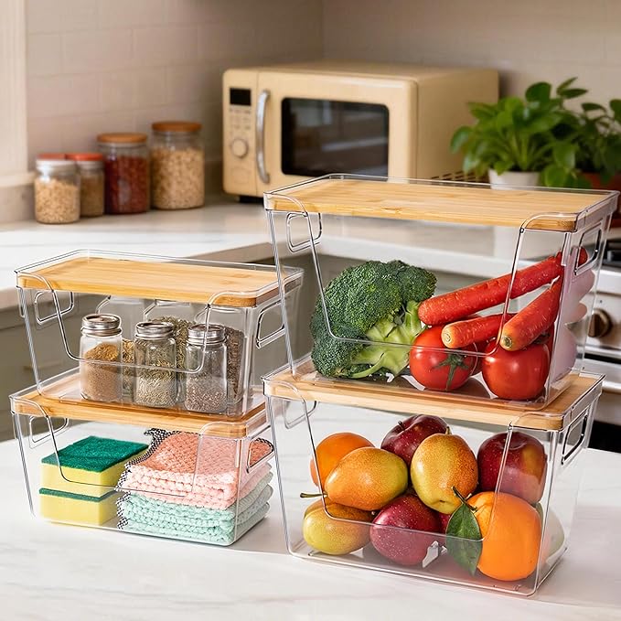 2 Large and 2 Small Pantry Organizers and Storage with Bamboo Lids, Stackable Clear Bins for Onion, Potato, Fruit, Vegetables, Trash Bag Dispenser, Kitchen and Under Sink Organizer - Image 2