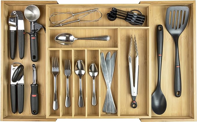 Silverware & Utensil Drawer Organizer, 16-28 in, Bamboo | Cutlery, flatware, food-safe contract grade, kitchen drawer fit by KitchenEdge