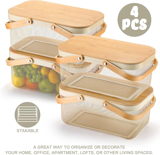 Jingmore 4 Pcs Metal Mesh Baskets with Lid, Stackable for Storage, Prevents Fruit Flies for Vegetable Fruit Kitchen Cabinet Picking Gathering Pantry Harvest Garden(16 Inch,White) - Image 2