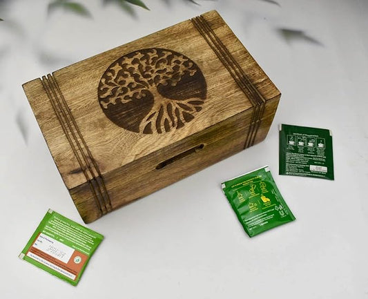 Wood Tea Box - Tea Box for Tea Bags Organiser - Engraved Hardwood Tea Chest with 6 Compartments - Tea Storage Box Multi Functional - Wood Tea Box Organiser - 10 x6 inch (6 compartment box) by IndiaHouse