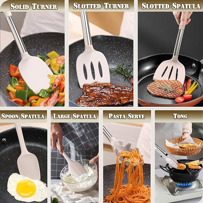 Umite Chef Silicone Kitchen Cooking Utensil Set, 43 pcs Spatula Set with Stainless Steel Handle, Non-stick Heat Resistant - Best Cookware Set-(Khaki) - Image 5