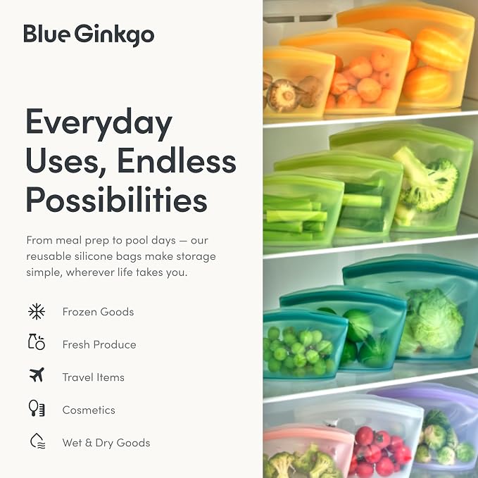 Blue Ginkgo Silicone Food Storage Bags, 3-Pack, Reusable, Made in Korea | Leakproof. Stand Up. Freezer and Dishwasher Safe. (Peach) - Image 5