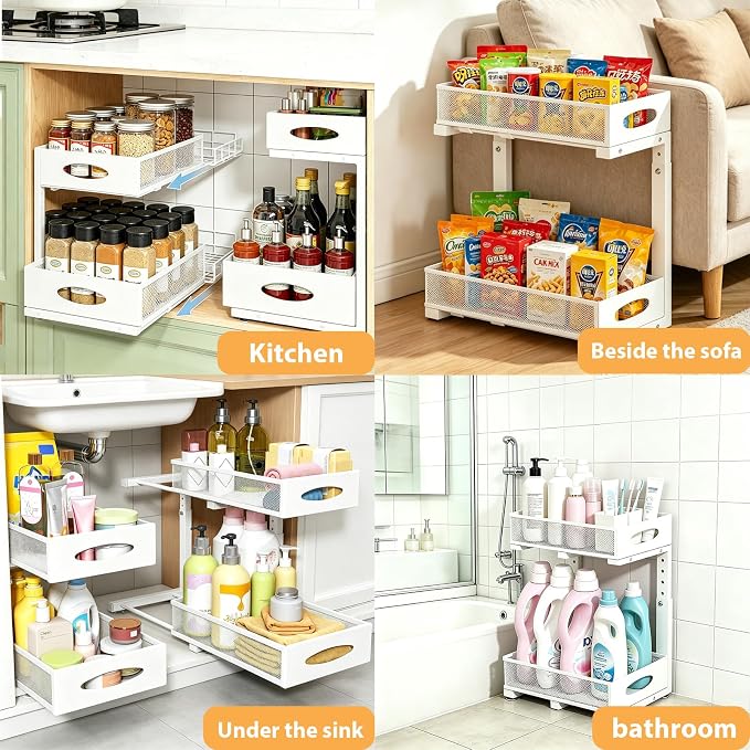 2 Pack Under Sink Organizer, 2-Tier Pull Out Kitchen Cabinet Organizer, Height Adjustable Metal Slide Out Bathroom Organizers and Storage Makeup Drawer Organizer for Office Bedroom(A-White, 2Pack) - Image 3