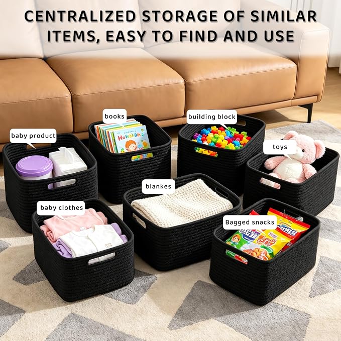 4 Pack Storage Baskets for Organizing, 11''Lx9''Wx8''H Woven Baskets for Storage Toys, Towels, Books, and Clothes, Cotton Rope Basket for Shelves with Handle - Image 6