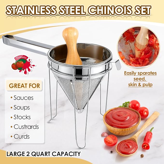 Feekoon Stainless Steel Chinois Strainer with Stand and Wooden Pestle Set, China Cap Strainer for Tomato, Berry, Fruit, Egg, Soup and Other Canning Jam Making Supplies, 15.35 x 7.67 x 7.28 inch - Image 3