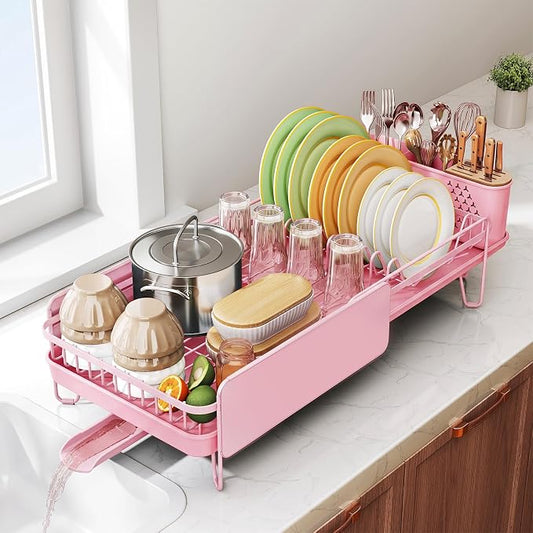 SNTD Large Dish Drying Rack for Kitchen Counter, Expandable, Pink | Stainless Steel Dish Drainer, Adjustable Length 18.9''-29.3'', Automatic Drainage, 360° Spout, Cutlery Holder with Knife Slot by SNTD