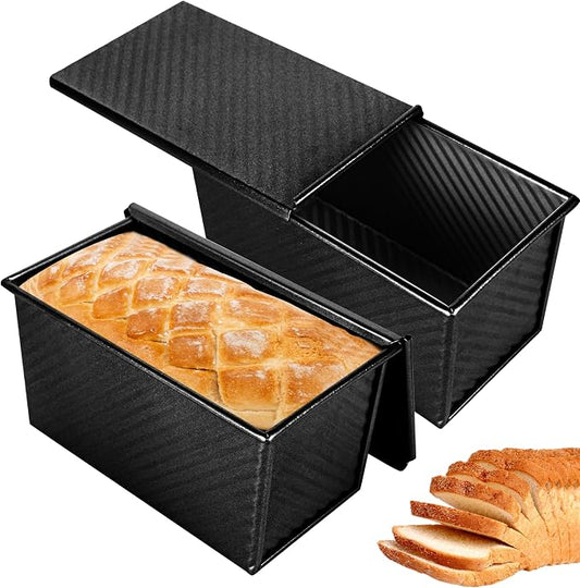 2pack 1LB Black Pullman Loaf Pan with Lid, Non-Stick Sandwich Bread Loaf Pan, Easy Release Bread Pan with Lid for Homemade Bread by Spmarkt-EasyBakingHome