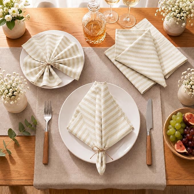 Funnymoom 12 Pcs Farmhouse Beige White Striped Cloth Napkins Reusable Napkins Party Dinner Soft Absorbent for Home Table Decoration Holiday Party Kitchen Supplies - Image 2