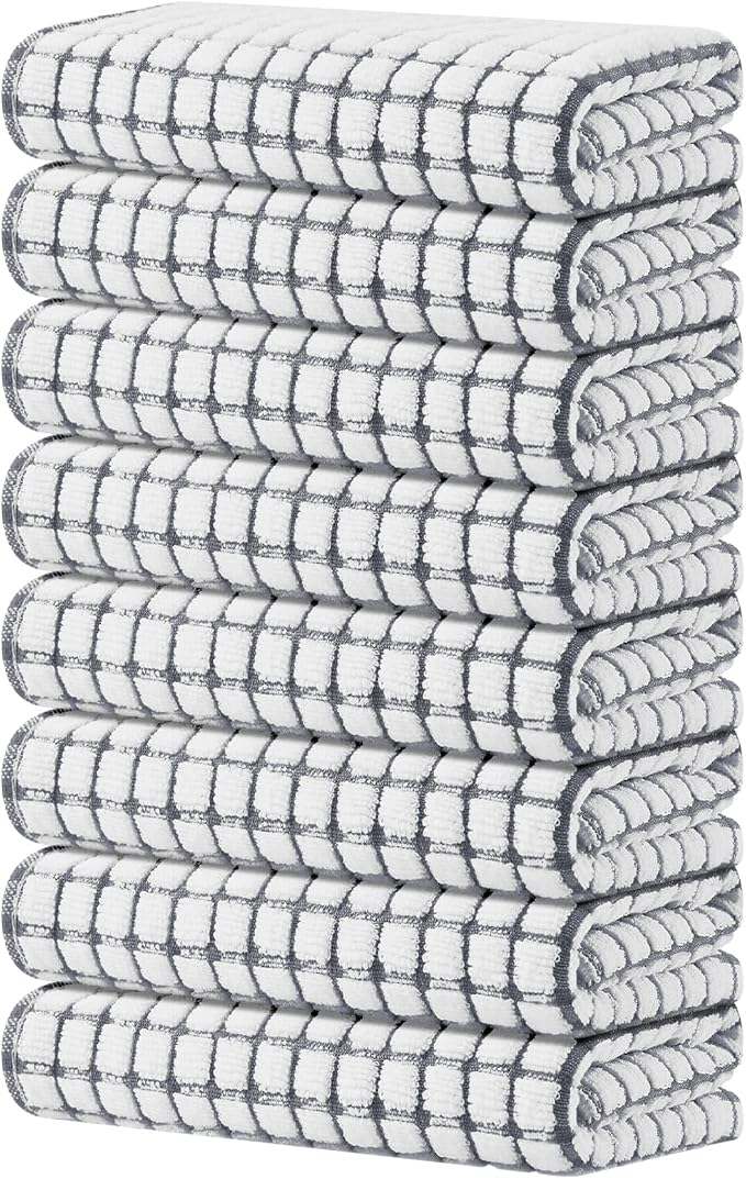 Kitinjoy Cotton 8 Pack Terry Kitchen Towels, Grey | 16 x 25 Inches Super Soft and Absorbent Dish Towels, Quick Drying hand towels for kitchen Drying by Kitinjoy