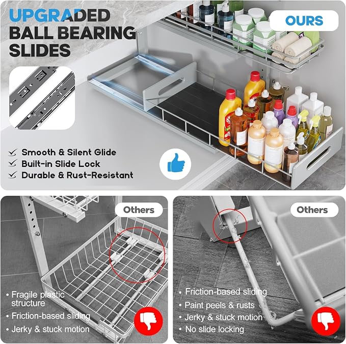 Under Sink Organizer Upgrade To Professional Rails,2-Tier Dual Pull Out Cabinet Storage,Height Adjustable Slide Out Drawers For Bathroom Kitchen,2 Pack-21"Dx12.8"-16.9"H,Gun Gray - Image 3