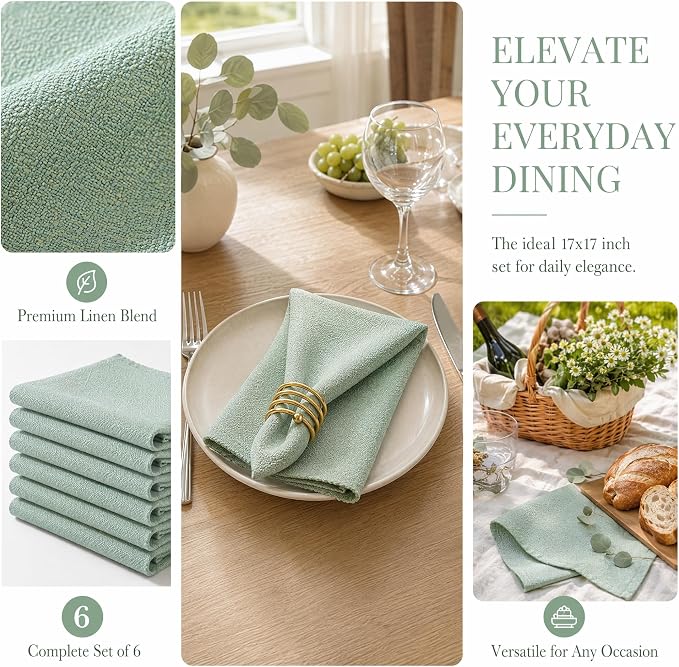 17x17 Solid Green Linen Napkins Set of 12 Washable Holiday Table | Need festive table decor? This 12-pack of green cloth napkins is perfect for adding rustic charm to holiday dinners. - Image 6