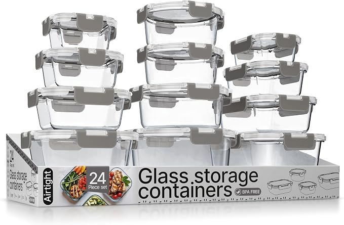Bakken Borosilicate Glass Food Storage Containers with Lids 24 Pieces, BPA-Free Stackable Lunch & Leftover Containers, Microwave, Freezer & Dishwasher Safe, 100% Airtight Leak-Proof, Gray by BAKK%C3%8BNMASTER