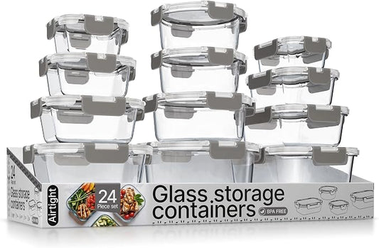 Bakken Borosilicate Glass Food Storage Containers with Lids 24 Pieces, BPA-Free Stackable Lunch & Leftover Containers, Microwave, Freezer & Dishwasher Safe, 100% Airtight Leak-Proof, Gray by BAKK%C3%8BNMASTER