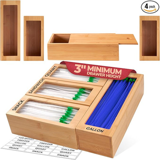 Bamboo Storage Bag Organizer for Drawer, 4 Blocks – Plastic Bag Organizer | Modular Kitchen Organization, Quick Refill – Fits Gallon, Quart, Sandwich & Snack Size Bags by Woodenhouse