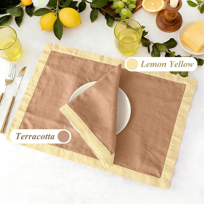 Linen World 100% French Linen Placemats Set of 4,21 x 15 Inch Double Layer Table Mats,Washable Heavyweight Placemats for Holiday Dining Kitchen Decor,Lemon Yellow with Terracotta Contrast Border - Image 2