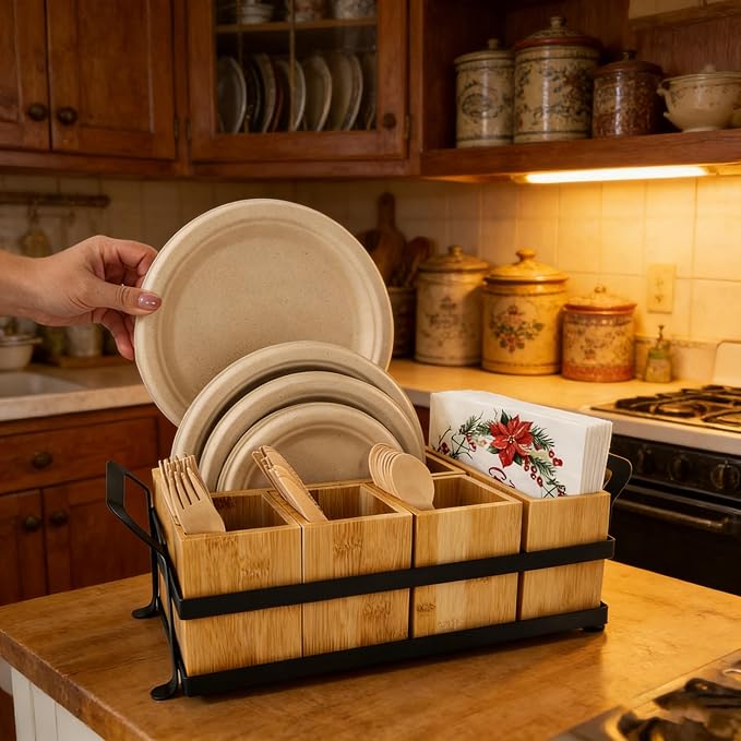 Bamboo Utensil Caddy with Handle - 5 Compartment Silverware Holder for Party & Kitchen Countertop - Removable Wooden Flatware Organizer for Picnic, BBQ, Buffet, RV & Outdoor Dining - Image 5