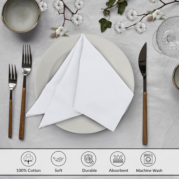 Ruvanti Cloth Napkins Set of 12, 18x18 Inches, 100% Cotton, Washable, Soft & Absorbent, Perfect for Wedding, Christmas, ‎Thanksgiving Dinners - White - Image 3