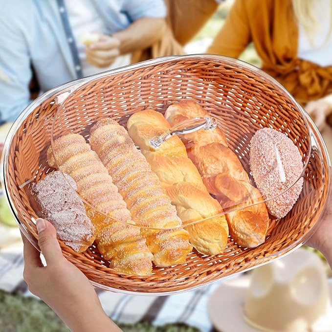 Hushee 2 Set Imitation Rattan Bread Basket with Lid Wicker Bread Baskets for Serving Woven Fruit Basket with Cover Oval Food Baskets for Food Vegetables Display(15.75 x 11.81 Inch) - Image 5