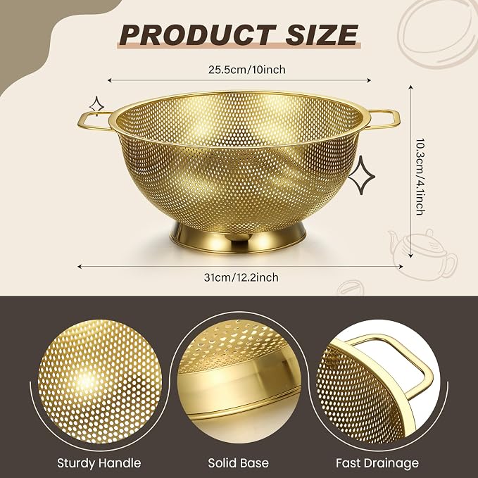 Norme 4 Quart Stainless Steel Gold Colander and 3 Pcs Gold Fine Mesh Strainer, Stainless Steel Pasta Rice Food Metal Strainer with Handles, Easy Clean and Dishwasher Safe - Image 2