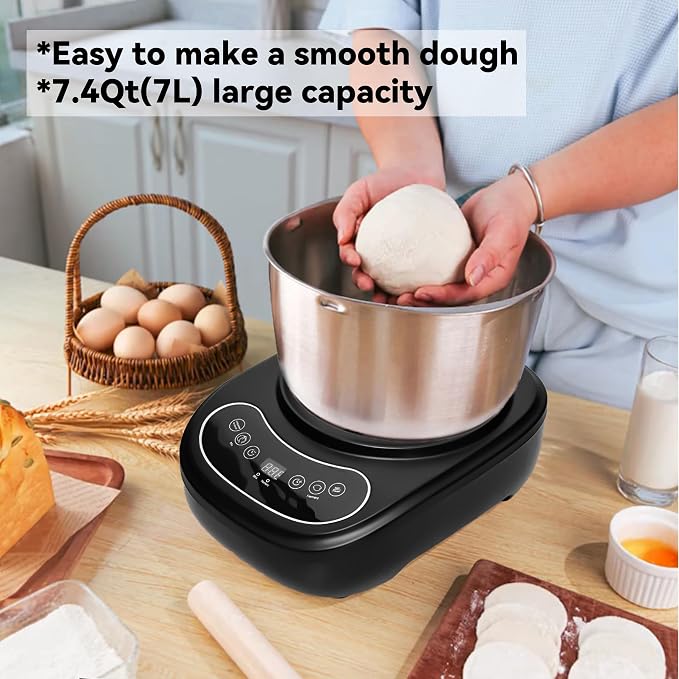 7L Electric Dough Mixer for Bread and Pizza Dough, Dough Maker Featuring a Ferment Function.304 Stainless Steel Whisk and a Top Small Window for Easy Add Water and Seasoning(Black） - Image 2