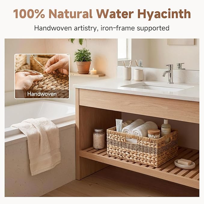 StorageWorks Jumbo Rectangular Wicker Basket, Water Hyacinth and Seagrass Storage Basket with Built-in Handles, 1 Pack | Woven Storage Baskets Water Hyacinth Seagrass, Large Seagrass Basket, Wicker Storage Baskets for Shelves, Woven Baskets - Image 5
