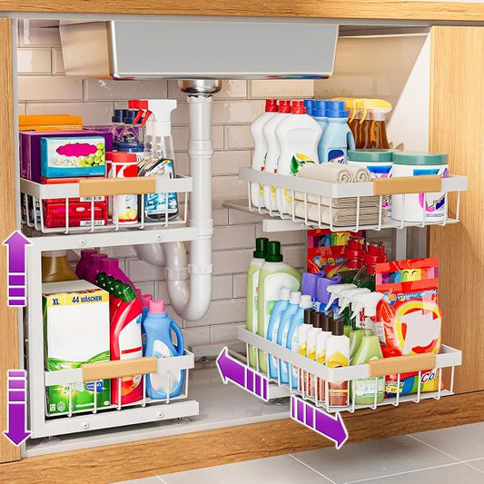 ADBIU Under Sink Organizer 2 Pack, Adjustable Height (11"-15.75") Under Cabinet Storage, 2 Tier Pull Out Sliding Drawers for Kitchen Bathroom, Heavy Duty Metal Shelf, White by ADBIU