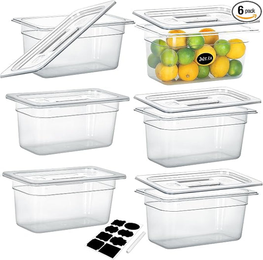 BIEAMA 6 Pack 1/3 Size 6" Deep NSF Polycarbonate Food Pans with Lids | Stackable clear containers for meal prep, buffet, salad bars, commercial & home kitchen; dishwasher safe and freezer safe by BIEAMA