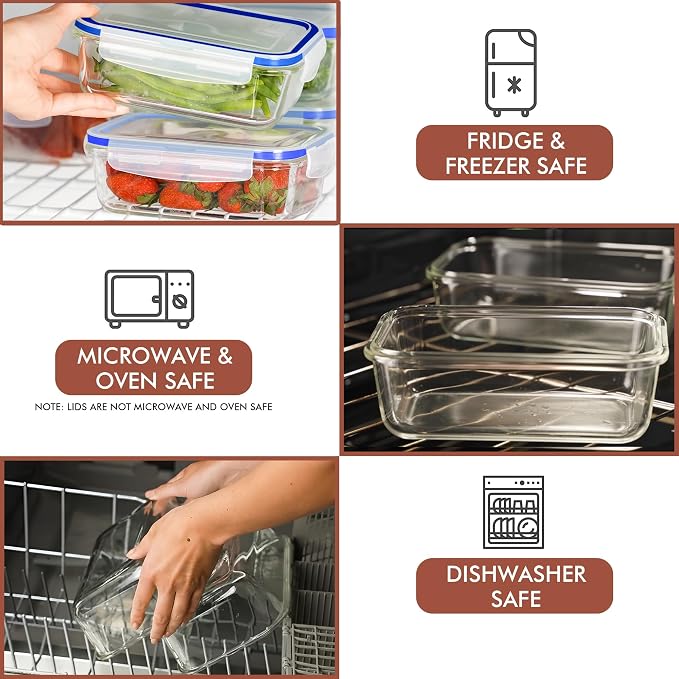 Razab 16 Pc (Set of 8) 30 Oz Glass Meal Prep Containers with Lids, Airtight Large Glass Food Storage Containers, Reusable Leak Proof BPA Free, Freezer to Oven and Dishwasher Safe - Image 5