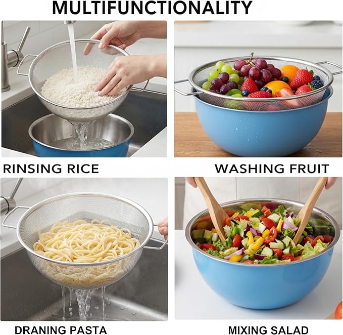 18/8 Stainless Steel Colander with Mixing Bowl, 3.5QT | 1 nesting mixing bowls with measurement marks and 1 fine 30-mesh strainers for rice,vegetables, pasta, baking, and food prep - Image 7