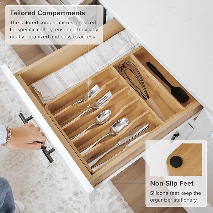 Silverware & Utensil Organizer, Fixed 10.5 in, Bamboo | Cutlery, flatware holder, rounded corners, 7 compartments, non-slip feet, kitchen drawers - Image 6