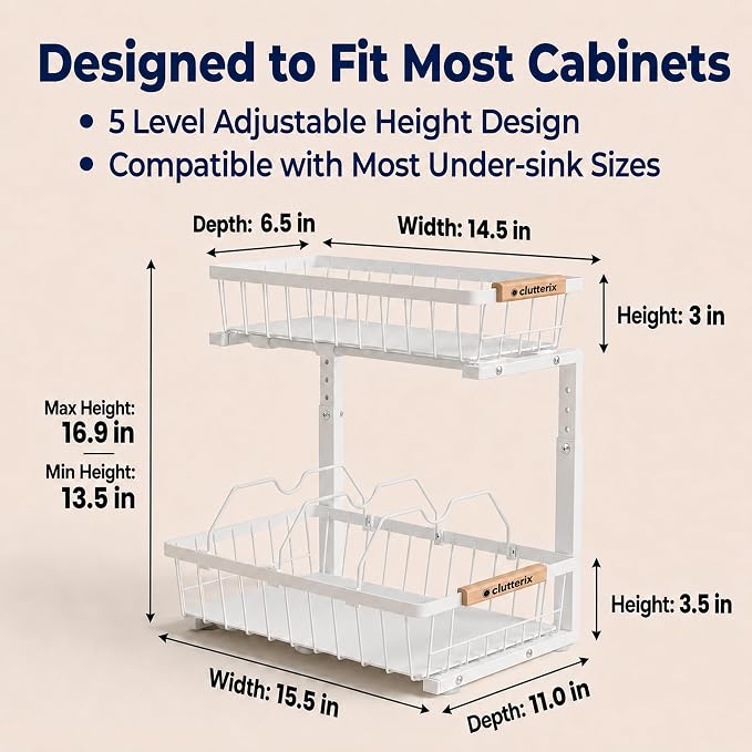 Under Sink Organizer with Motion-Activated LED Lights, 2 Pack, 2 Tier Sliding L-Shaped Carbon Steel Rack with Adjustable Height, Dividers & Hooks (White) - Image 4