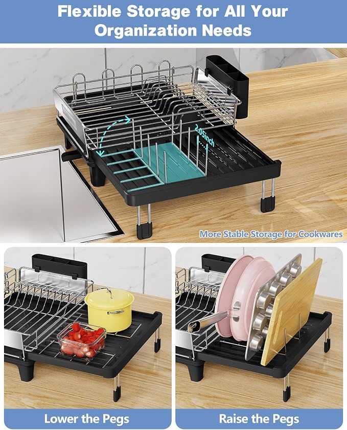 Expandable Dish Drying Rack for Kitchen Counter, 304 Stainless Steel, Flip-Top Retractable Plate, Multi-Directional Adjustable, Space-Saving Large Drying Rack, Black - Image 4