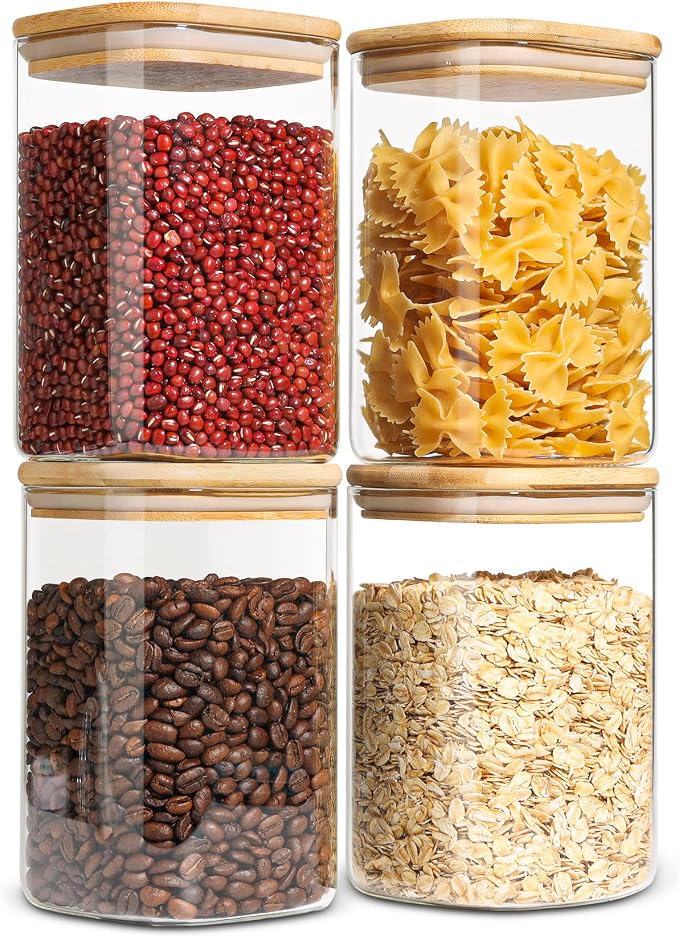 ComSaf Square Glass Containers With Lids 1.2 Qt, Set of 4 Pantry Galss Jars | Kitchen Glass Pantry Storage Containers, Storage Canisters, Silicone Seal, Dry Food, Cookie, Flour, Spice, Coffee, BPA Free by ComSaf