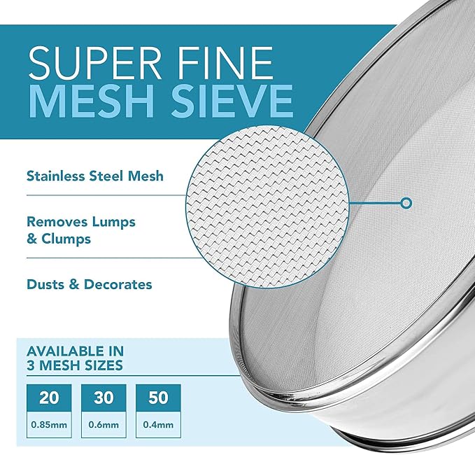 Vollum Stainless Steel Flour Sifter Fine Mesh Baking Sieve 12" | Round sieve, 2.5" high with 30-mesh screen (0.6mm holes), delivers smooth, lump-free results every bake. - Image 3