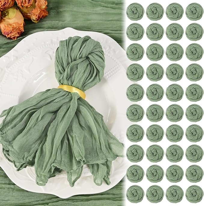 100 Pack Sage Green Cheesecloth Napkins 20"x20" Boho Washable Cloth Napkins Set of 100 Wrinkled Cheese Cloth Napkins Gauze Dinner Table Napkin for Wedding Party Baby Shower Birthday Decor by Showgeous