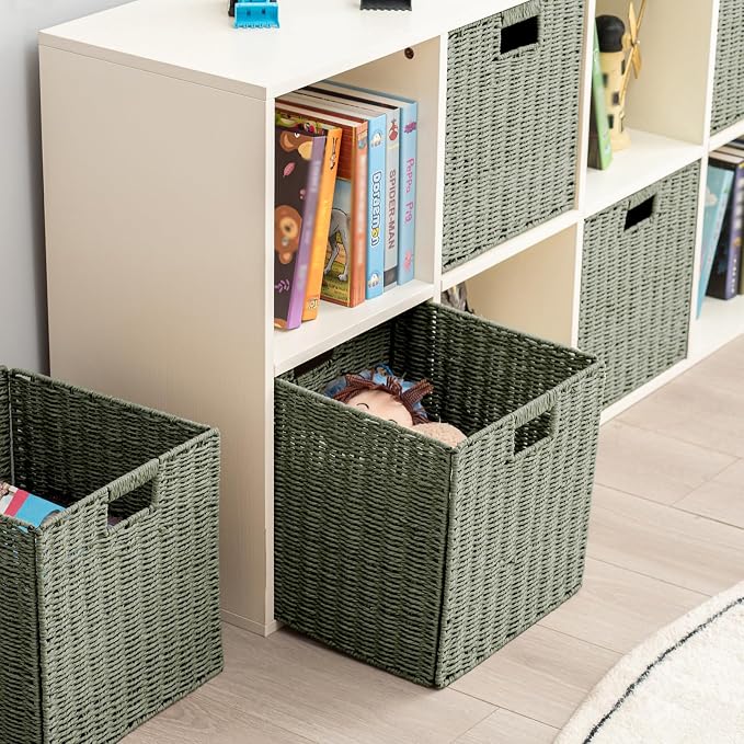 Handwoven Paper Woven Cube Basket Organizer with Handles set of 4 Foldable Storage baskets for Bedroom Living Room Cubby Storage Units for Clothes Books Toys (Green, 13" L x 13" W x 13" H) - Image 3