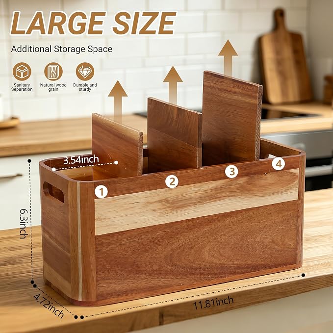 2PC Wooden Kitchen Utensil Holder for Countertop - Wall-mountable Large 4+3 Compartment Acacia Wood Organizer, Rustic Minimalist Utensil Crock for Cooking Tools and Flatware Storage - Image 4