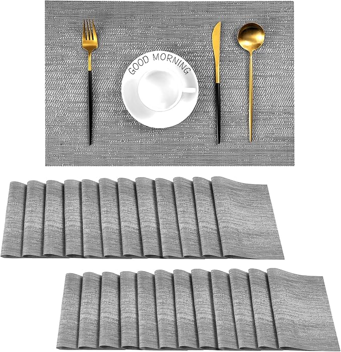 Leetaltree Grey Placemats, Heat Resistant Non-Slip Place mats for Dining Table, Washable Durable PVC Vinyl Woven Table Mats (Set of 24) by Leetaltree-ArtatEveryTable