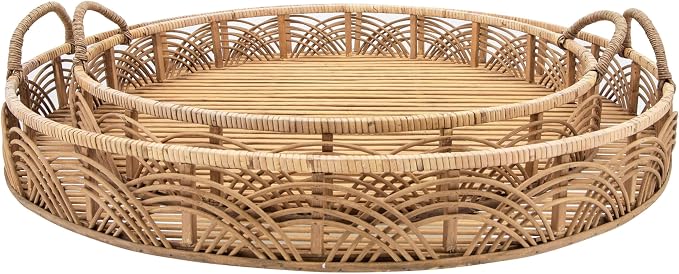 Set of 2 Handwoven Rattan Serving Trays with Handles – Round Bamboo Wood Tray for Office & Home Decor – Decorative Serving Tray Organizer for Living Room & Bedroom, Rustic Brown by SagebrookHome